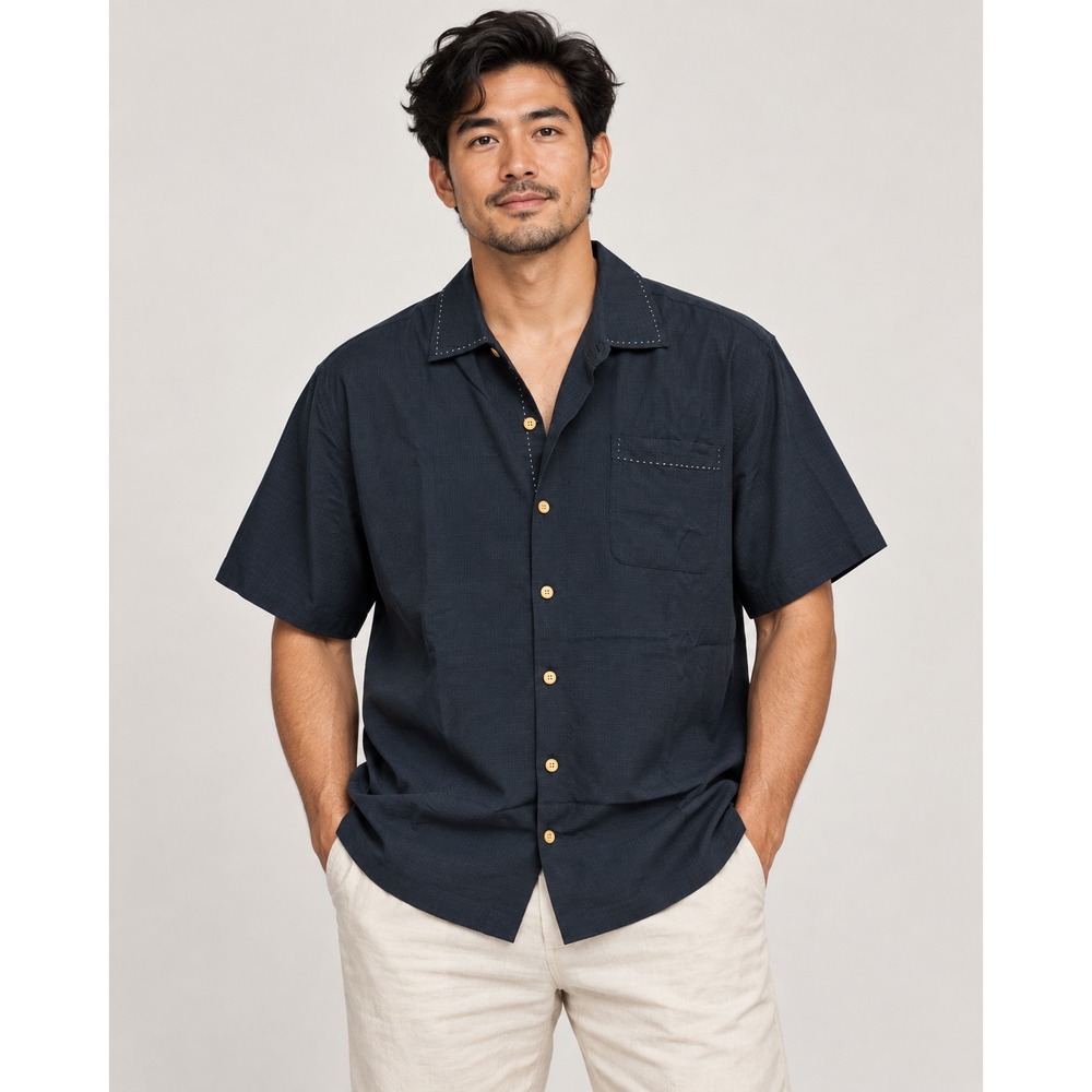 Nat Nast Shirt Mens Large Black 98% Silk 12% Cotton Short Sleeve Button Up EUC